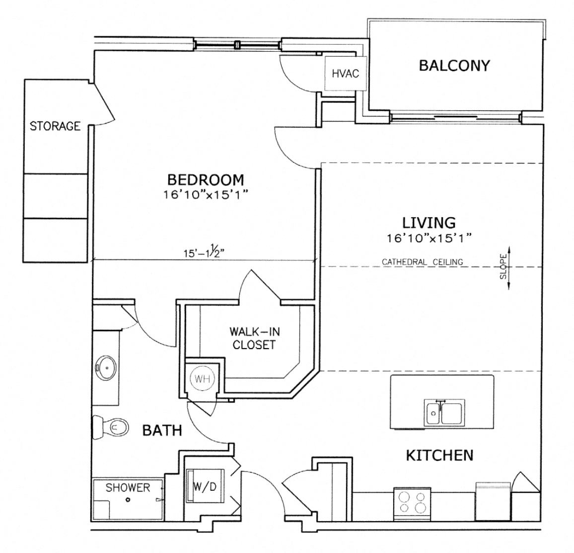 Floor plan for 1 bed, 1 bath, 945 sqft
